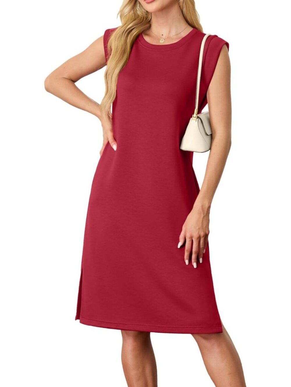 Women's Wine Red Sleeveless Casual Loose Beach Crewneck Wrinkle-Free Midi Dress